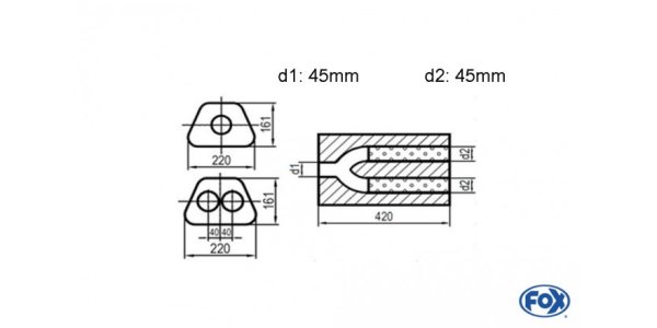 FOX Uni-Schalldämpfer trapezoid zweiflutig mit Hose - Abw. 644 220x161mm, d1Ø 45mm d2Ø 45mm, Länge: 420mm