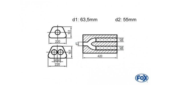 FOX Uni-Schalldämpfer trapezoid zweiflutig mit Hose - Abw. 644 220x161mm, d1Ø 63,5mm d2Ø 55mm, Länge: 420mm