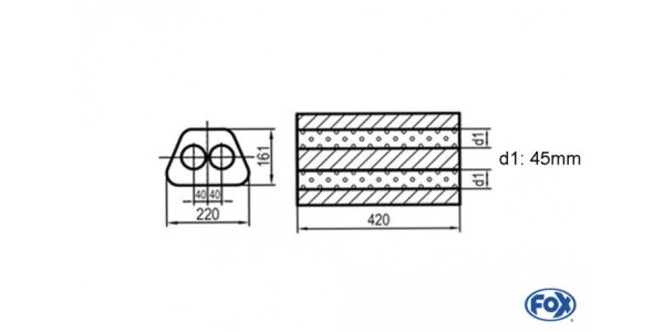 FOX Uni-Schalldämpfer Trapezoid zweiflutig - Abwicklung 644 220x161mm, d1Ø 45mm, Länge: 420mm