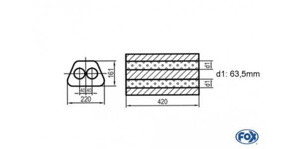 FOX Uni-Schalldämpfer Trapezoid zweiflutig - Abwicklung 644 220x161mm, d1Ø 63,5mm, Länge: 420mm