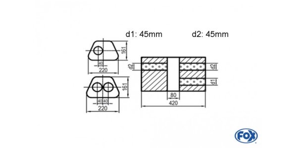 FOX Uni-Schalldämpfer Trapezoid zweiflutig mit Kammer - Abw. 644 220x161mm, d1Ø 45mm d2Ø 40mm, Länge: 420mm - Variante 1