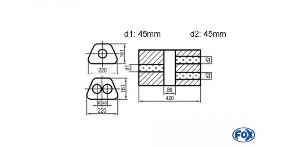 FOX Uni-Schalldämpfer Trapezoid zweiflutig mit Kammer - Abw. 644 220x161mm, d1Ø 45mm d2Ø 40mm, Länge: 420mm - Variante 2