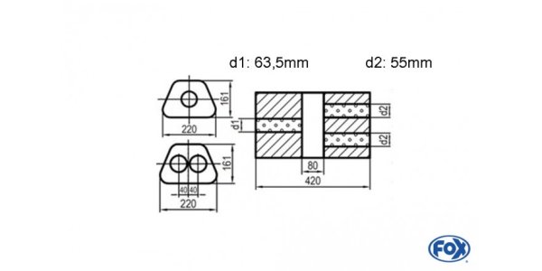 FOX Uni-Schalldämpfer Trapezoid zweiflutig mit Kammer - Abw. 644 220x161mm, d1Ø 63,5mm d2Ø 55mm, Länge: 420mm - Variante 2