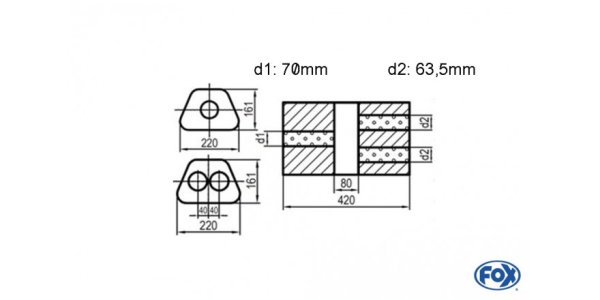 FOX Uni-Schalldämpfer Trapezoid zweiflutig mit Kammer - Abw. 644 220x161mm, d1Ø 70mm d2Ø 63,5mm, Länge: 420mm - Variante 2