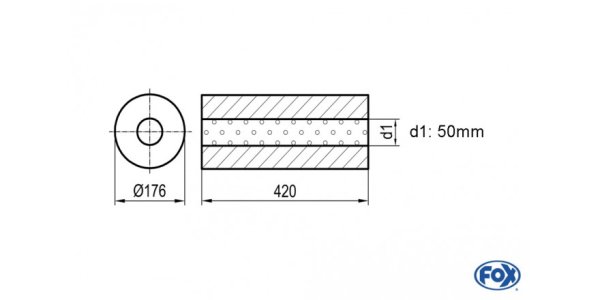 FOX Uni-Schalldämpfer rund ohne Stutzen - Abwicklung 556 Ø 176mm, d1Ø 45mm, Länge: 420mm -Ø 176mm