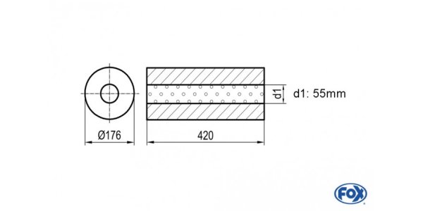 FOX Uni-Schalldämpfer rund ohne Stutzen - Abwicklung 556 Ø 176mm, d1Ø 55mm, Länge: 420mm -Ø 176mm