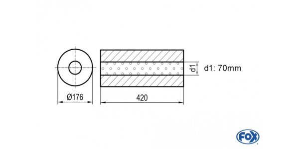 FOX Uni-Schalldämpfer rund ohne Stutzen - Abwicklung 556 Ø 176mm, d1Ø 70mm, Länge: 420mm -Ø 176mm