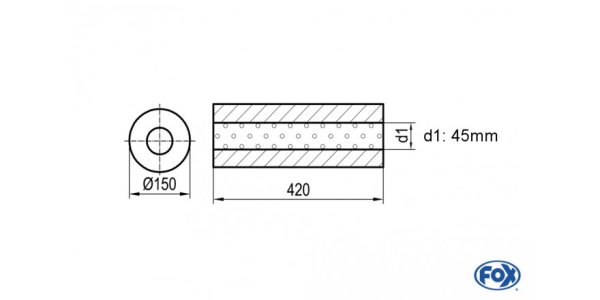 FOX Uni-Schalldämpfer rund ohne Stutzen - Abwicklung 466 Ø 150mm, d1Ø 45mm - Länge: 420mm