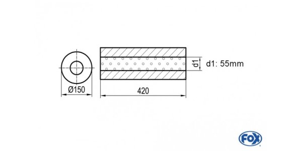 FOX Uni-Schalldämpfer rund ohne Stutzen - Abwicklung 466 Ø 150mm, d1Ø 55mm -, Länge: 420mm