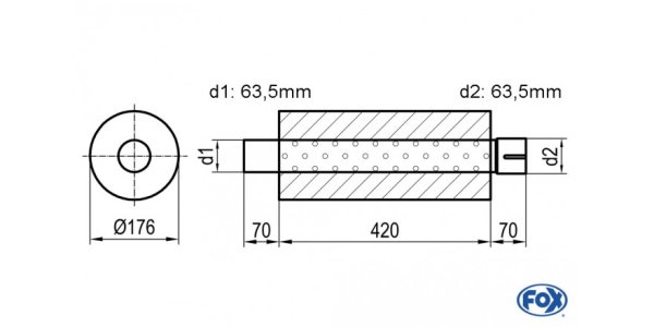 FOX Uni-Schalldämpfer rund mit Stutzen - Abwicklung 556 Ø 176mm, d1Ø 63,5mm d2Ø 64mm, Länge: 420mm