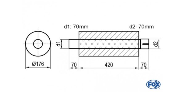 FOX Uni-Schalldämpfer rund mit Stutzen - Abwicklung 556 Ø 176mm, d1Ø 70mm d2Ø 70,5mm, Länge: 420mm