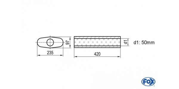 FOX Uni-Schalldämpfer oval ohne Stutzen - Abwicklung 558 235x97mm, d1Ø 50mm, Länge: 420mm