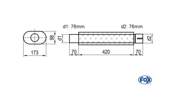 FOX Uni-Schalldämpfer oval mit Stutzen - Abwicklung 450 173x98mm, d1Ø 76mm d2Ø 76,5mm, Länge: 420mm