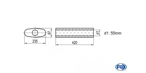 FOX Uni-Schalldämpfer oval ohne Stutzen - Abwicklung 558 235x97mm, d1Ø 55mm, Länge: 420mm