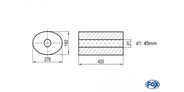 FOX Uni-Schalldämpfer oval ohne Stutzen - Abwicklung 754 278x192mm, d1Ø 45mm, Länge: 420mm