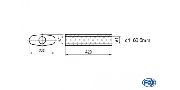 FOX Uni-Schalldämpfer oval ohne Stutzen - Abwicklung 558 235x97mm, d1Ø 63,5mm, Länge: 420mm