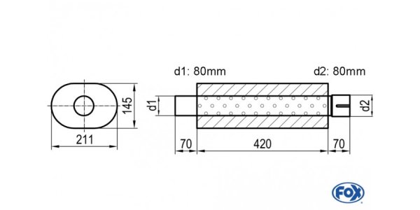 FOX Uni-Silencer oval with Nozzle - completion 585 211x145mm, d1Ø80mm outside - d2Ø80mm inside - length: 420mm