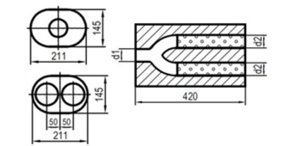 FOX Uni-Schalldämpfer oval zweiflutig mit Hose - Abwicklung 585 211x145mm, d1Ø 80mm d2Ø 70mm, Länge: 420mm