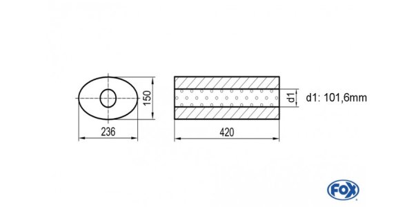 FOX Uni-Schalldämpfer oval ohne Stutzen - Abwicklung 618 236x150mm, d1Ø 101mm außen, Länge: 420mm