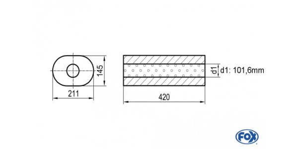 FOX Uni-Schalldämpfer oval ohne Stutzen - Abwicklung 585 211x145mm, d1Ø 101mm, Länge: 420mm