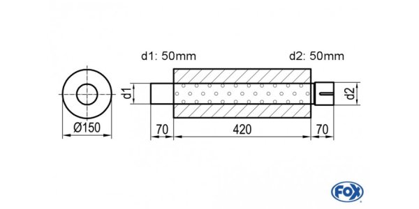 FOX Uni-Schalldämpfer rund mit Stutzen - Abwicklung 466 Ø 150mm, d1Ø 50mm außen - d2Ø 50,5mm innen - Länge: 420mm