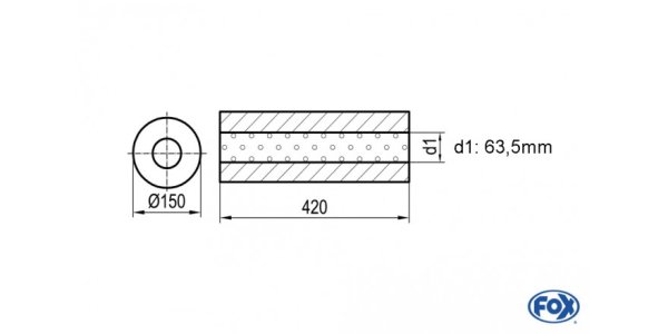 FOX Uni-Silencer around w/o Nozzle - completion 466 Ø 150mm, d1Ø 63,5mm -, length: 420mm