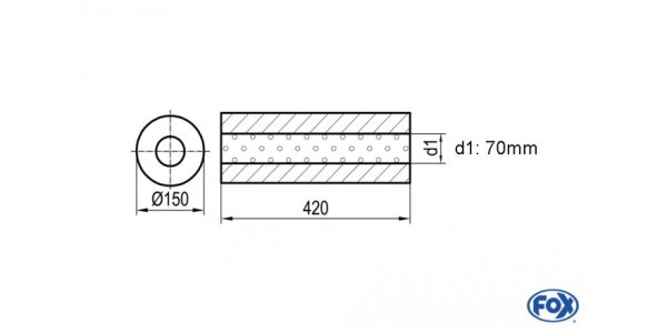 FOX Uni-Schalldämpfer rund ohne Stutzen - Abwicklung 466 Ø 150mm, d1Ø 70mm -, Länge: 420mm