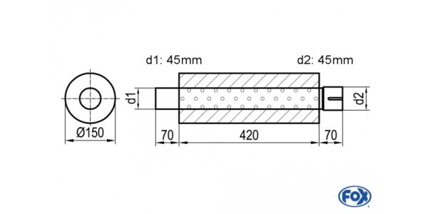 FOX Uni-Silencer around with Nozzle - completion 466 Ø 150mm, d1Ø 45mm outside - d2Ø 45,5mm inside - length: 420mm