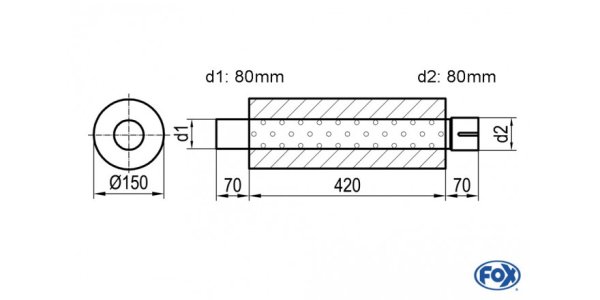 FOX Uni-Schalldämpfer rund mit Stutzen - Abwicklung 466 Ø 150mm, d1Ø 80mm -, Länge: 420mm