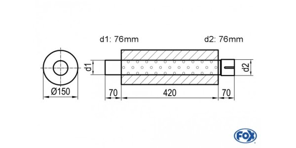 FOX Uni-Silencer around with Nozzle - completion 466 Ø 150mm, d1Ø 76mm outside - d2Ø 76,5mm inside - length: 420mm