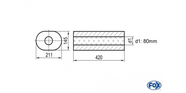 FOX Uni-Silencer oval w/o Nozzle - completion 585 211x145mm, d1Ø 80mm outside length: 420mm