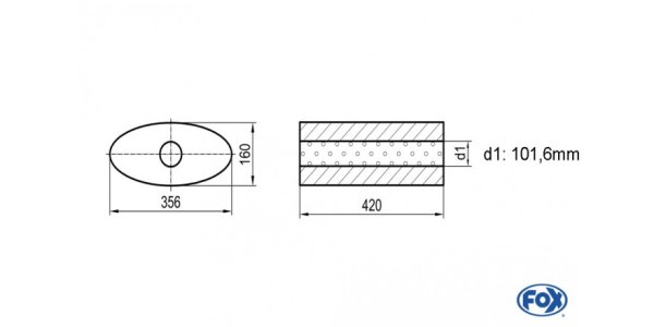 FOX Uni-Schalldämpfer oval ohne Stutzen - Abwicklung 818 356x160mm, d1Ø 101,6mm, Länge: 420mm