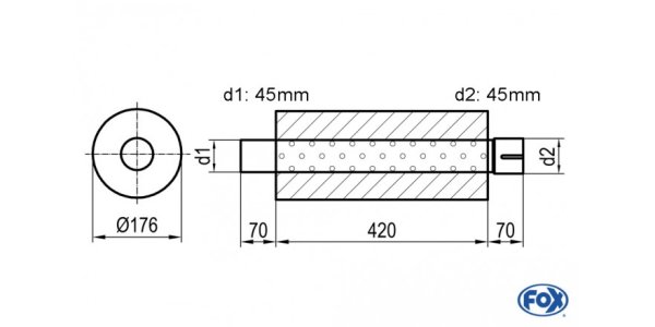 FOX Uni-Schalldämpfer rund mit Stutzen - Abwicklung 556 Ø 176mm, d1Ø 101,6mm außen, d2Ø 101,6mm innen - Länge: 420mm