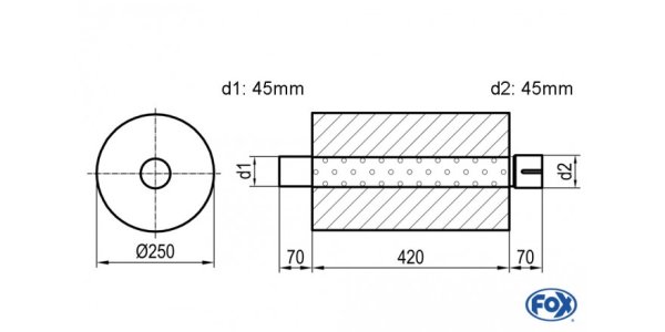 FOX Uni-Silencer around with Nozzle - completion 784 Ø 250mm, d1: 45mm, d2: 45mm inside - length: 420mm