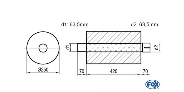 FOX Uni-Silencer around with Nozzle - completion 784 Ø 250mm, d1: 63,5mm, d2: 63,5mm inside - length: 420mm