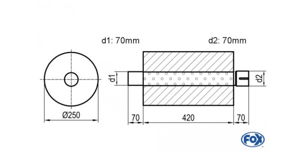 FOX Uni-Silencer around with Nozzle - completion 784 Ø 250mm, d1: 70mm, d2: 70mm inside - length: 420mm