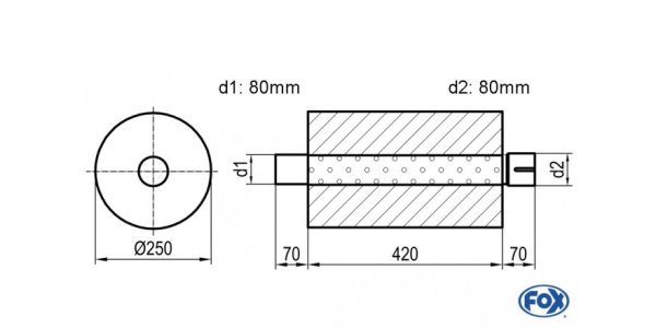 FOX Uni-Silencer around with Nozzle - completion 784 Ø 250mm, d1: 80mm, d2: 80mm inside - length: 420mm