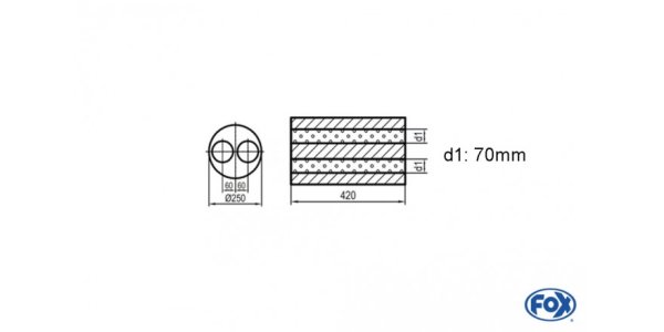 FOX Uni-Silencer around double flow - completion 784 Ø 250mm, d1: 70mm, length: 420mm -Ø250mm