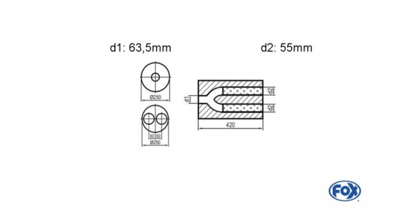 FOX Uni-Schalldämpfer rund zweiflutig mit Hose - Abwicklung 784 Ø 250mm, d1: 63,5mm, d2: 55mm innen - Länge: 420mm -Ø250mm