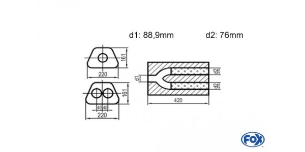 FOX Uni-Schalldämpfer trapezoid zweiflutig mit Hose - Abwicklung 220x161mm, d1: 88,9mm, d2: 76mm - Länge: 420mm