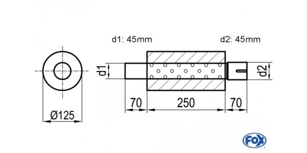 FOX Uni-Schalldämpfer rund mit Stutzen - Abwicklung 390 Ø 125mm, d1Ø 45mm d2Ø 45,5mm, Länge: 250mm