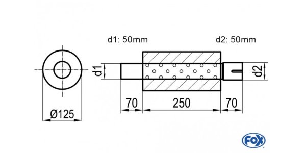 FOX Uni-Schalldämpfer rund mit Stutzen - Abwicklung 390 Ø 125mm, d1Ø 50mm d2Ø 50,5mm, Länge: 250mm