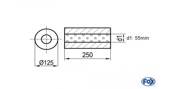 FOX Uni-Schalldämpfer rund ohne Stutzen - Abwicklung 390 Ø 125mm, d1Ø 55mm, Länge: 250mm