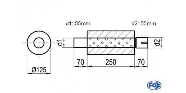 FOX Uni-Schalldämpfer rund mit Stutzen - Abwicklung 390 Ø 125mm, d1Ø 55mm d2Ø 55,5mm, Länge: 250mm