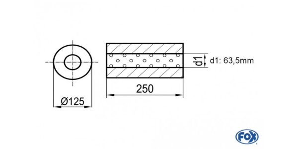 FOX Uni-Schalldämpfer rund ohne Stutzen - Abwicklung 390 Ø 125mm, d1Ø 63,5mm, Länge: 250mm