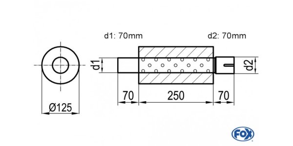 FOX Uni-Schalldämpfer rund mit Stutzen - Abwicklung 390 Ø 125mm, d1Ø 70mm d2Ø 70,5mm, Länge: 250mm