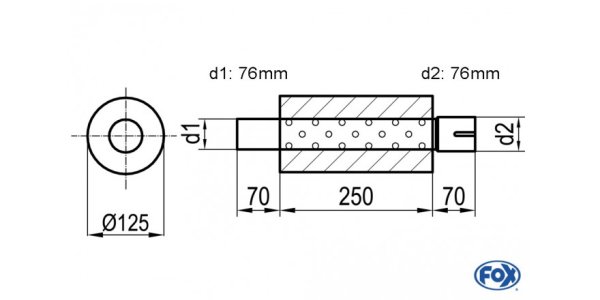 FOX Uni-Schalldämpfer rund mit Stutzen - Abwicklung 390 Ø 125mm, d1Ø 76mm d2Ø 76,5mm, Länge: 250mm