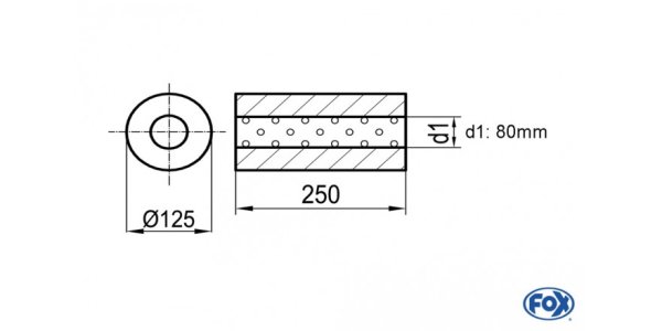 FOX Uni-Schalldämpfer rund ohne Stutzen - Abwicklung 390 Ø 125mm, d1Ø 80mm außen, Länge: 250mm