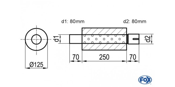 FOX Uni-Schalldämpfer rund mit Stutzen - Abwicklung 390 Ø 125mm, d1Ø 80mm außen, d2Ø 80mm innen, Länge: 250mm