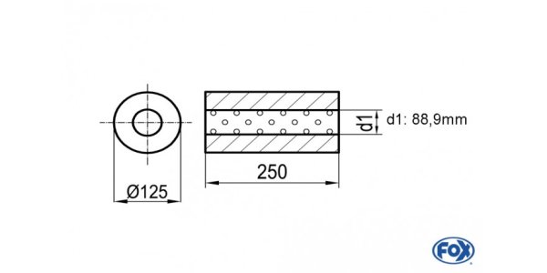 FOX Uni-Schalldämpfer rund ohne Stutzen - Abwicklung 390 Ø 125mm, d1Ø 88,9mm außen - Länge: 250mm